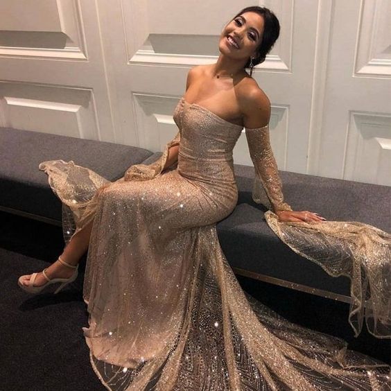 Sparkly Strapless Gold Sequin Prom Dress With Slit
