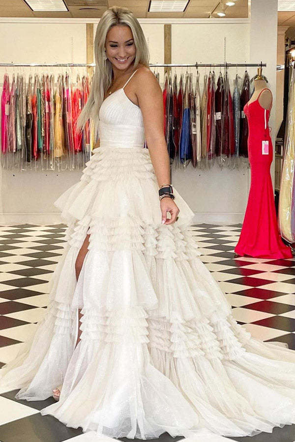 Sparkly Tulle Ball Gown Side Slit Layered Long Prom Dress