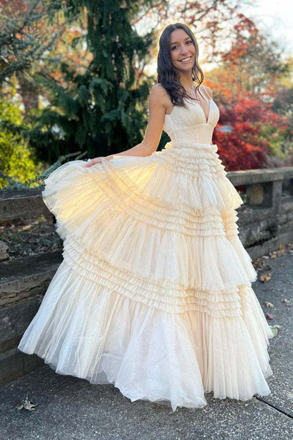 Sparkly Tulle Ball Gown Side Slit Layered Long Prom Dress