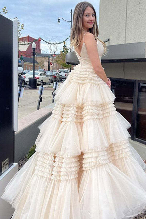 Sparkly Tulle Ball Gown Side Slit Layered Long Prom Dress