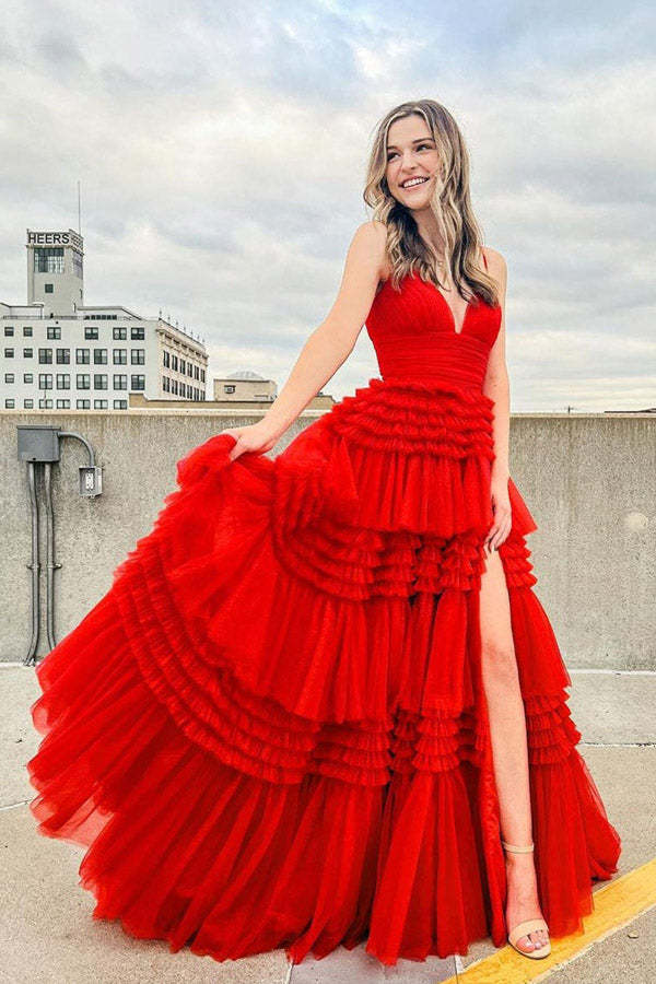 Sparkly Tulle Ball Gown Side Slit Layered Long Prom Dress