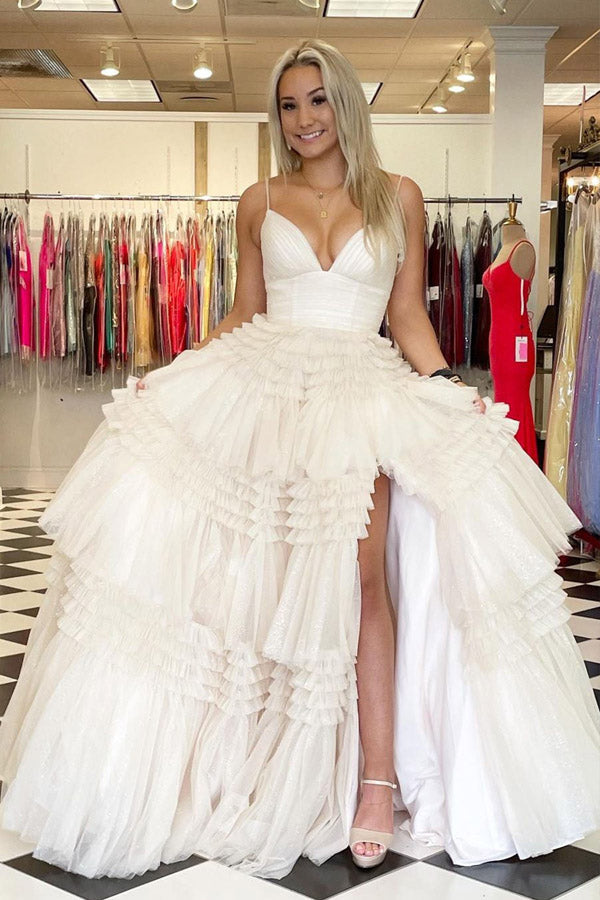 Sparkly Tulle Ball Gown Side Slit Layered Long Prom Dress