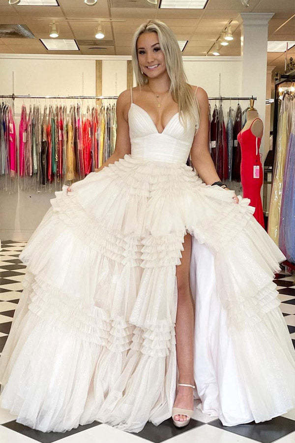Sparkly Tulle Ball Gown Side Slit Layered Long Prom Dress