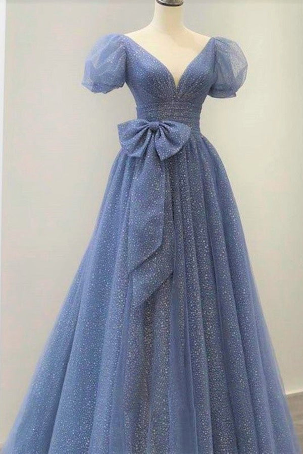 Sparkly Blue Tulle Bubble Cap Sleeve Long Prom Dresses