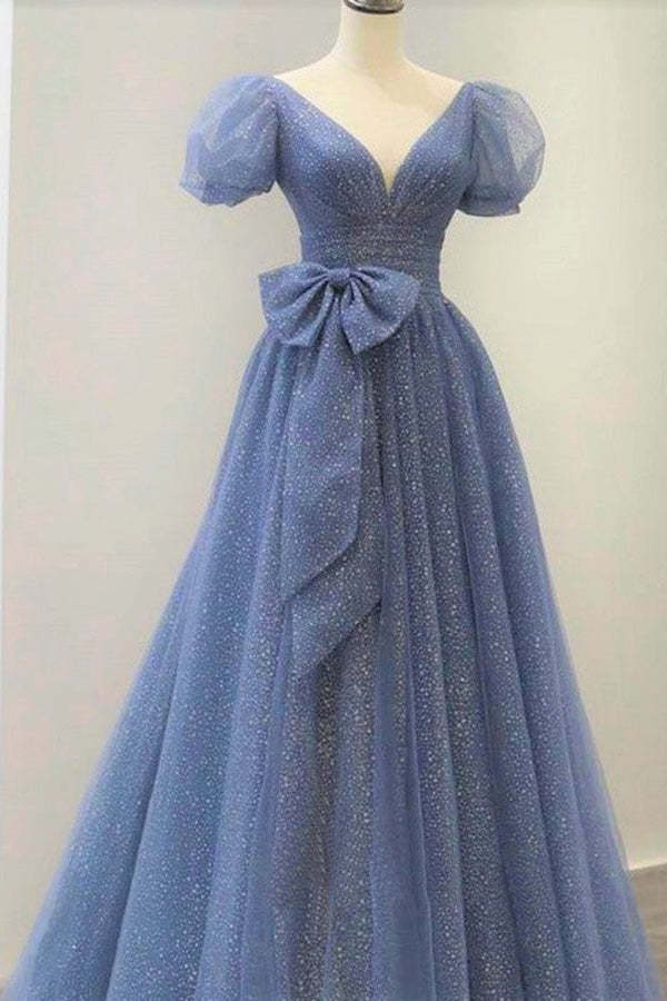 Sparkly Blue Tulle Bubble Cap Sleeve Long Prom Dresses
