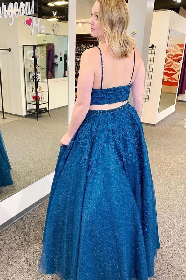 Sparkly Two Piece Tulle Prom Dress Appliques Formal Dress