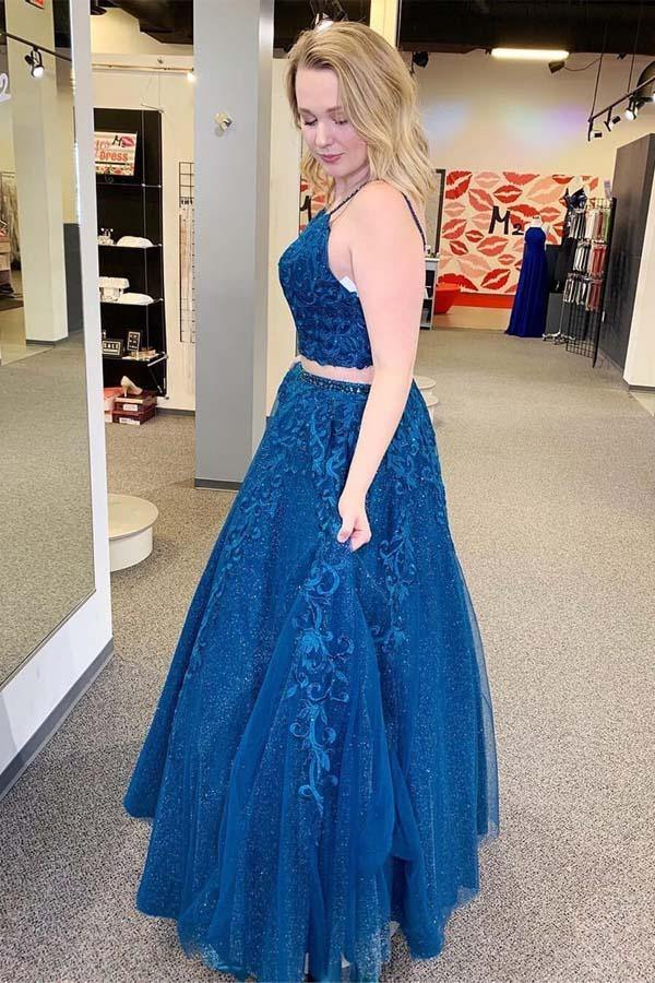 Sparkly Two Piece Tulle Prom Dress Appliques Formal Dress