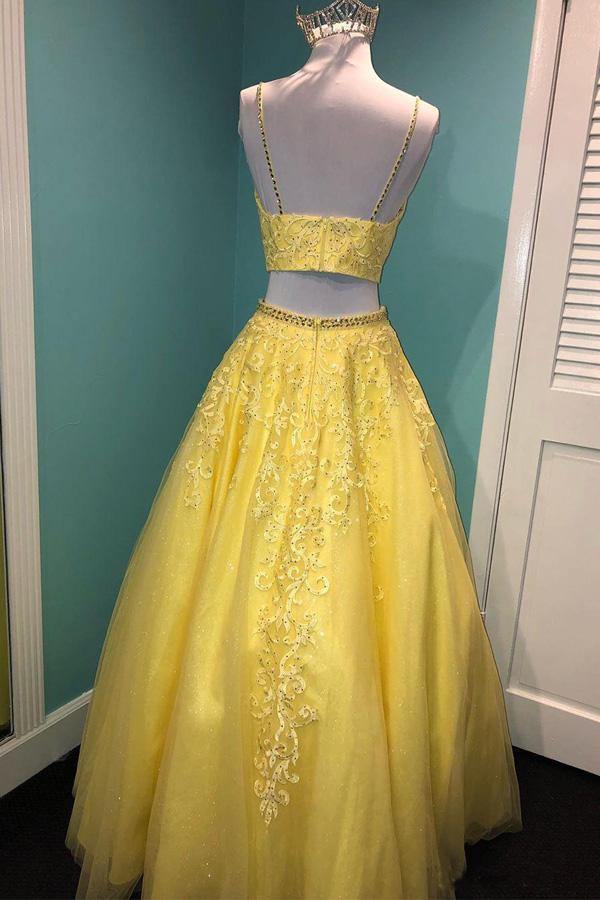 Sparkly Two Piece Tulle Prom Dress Appliques Formal Dress