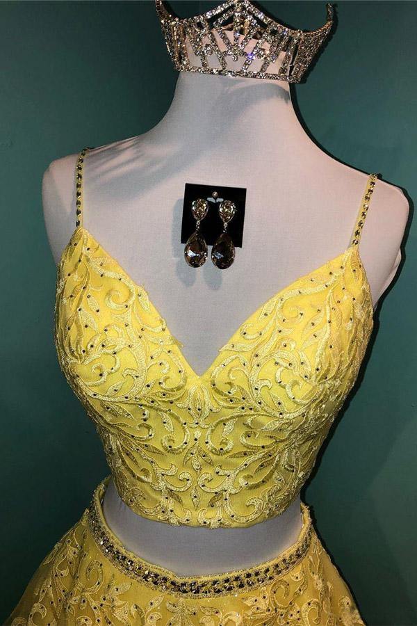 Sparkly Two Piece Tulle Prom Dress Appliques Formal Dress