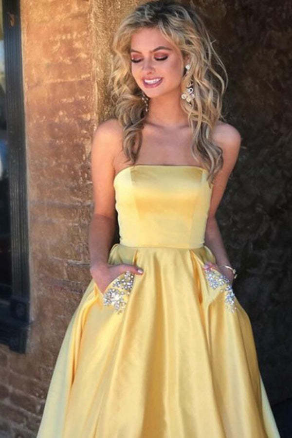 Strapless A Line Satin Long Prom Dress With Pocket