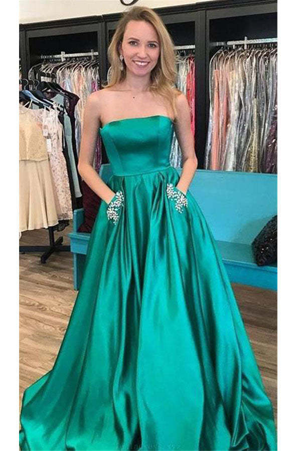 Strapless A Line Long Prom Dress Satin Evening Dress