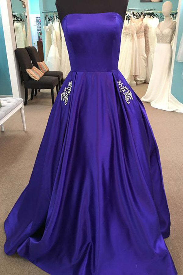 Strapless A Line Satin Long Prom Dress With Pocket
