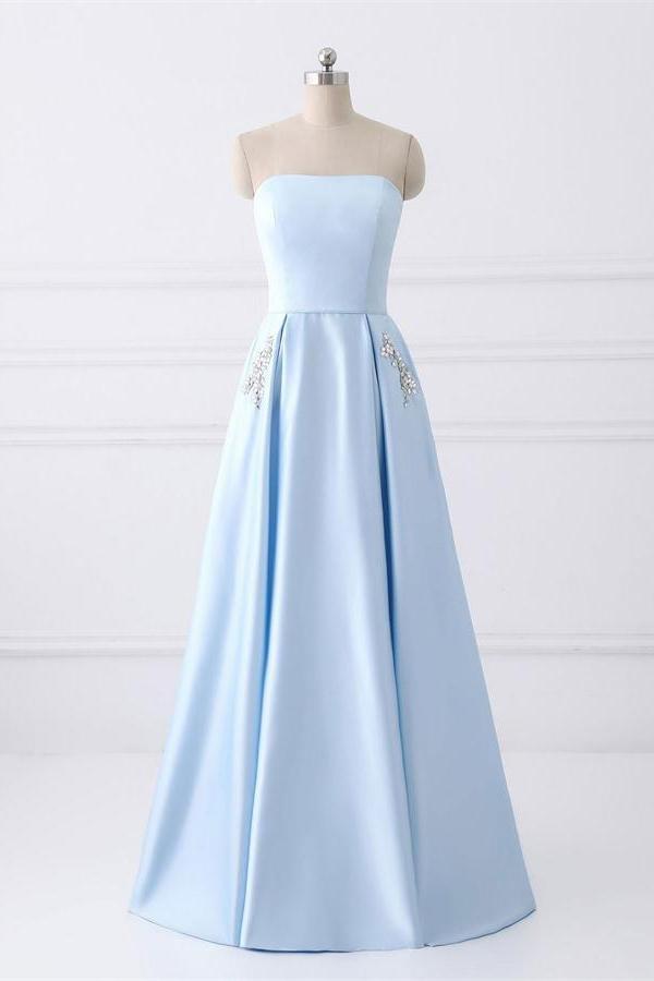 Strapless A Line Satin Long Prom Dress With Pocket