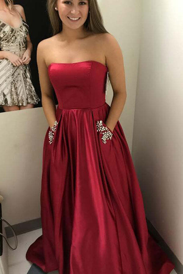 Strapless A Line Satin Long Prom Dress With Pocket