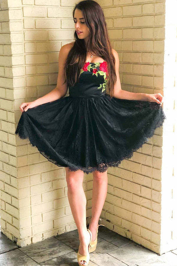 Strapless Lace Homecoming Dress With Floral Embroidery