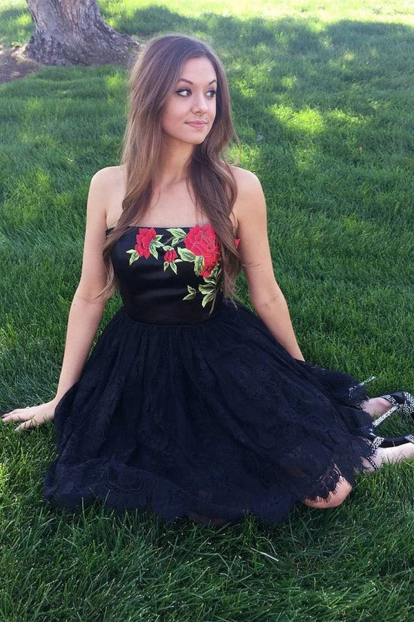 Strapless Lace Homecoming Dress With Floral Embroidery