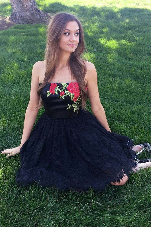 Strapless Lace Homecoming Dress With Floral Embroidery
