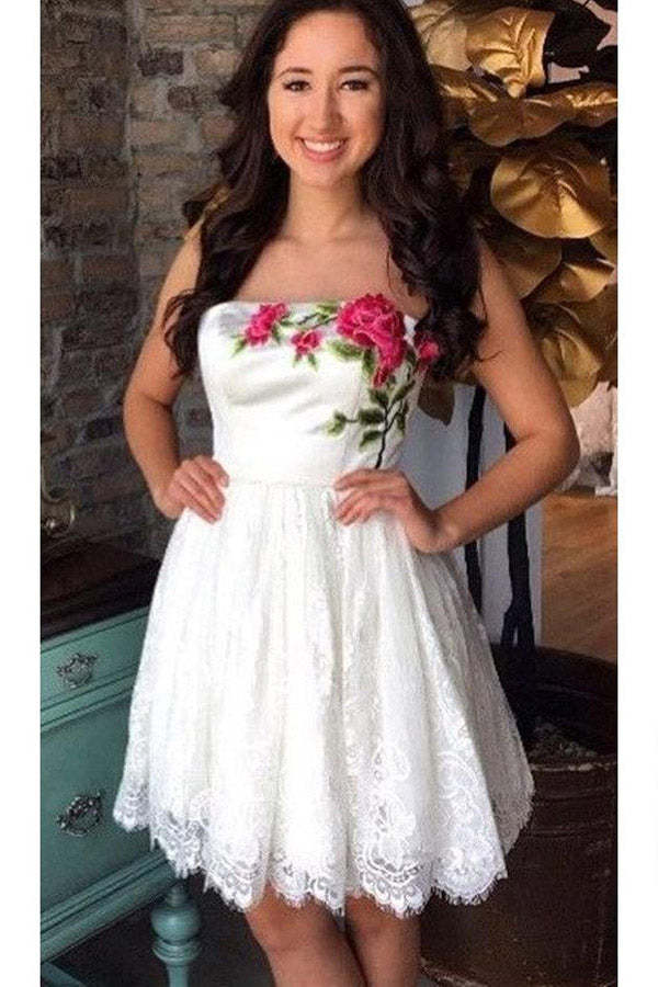 Strapless Lace Homecoming Dress With Floral Embroidery