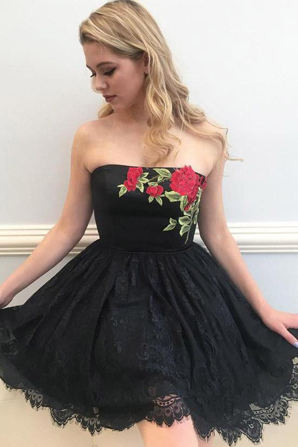Strapless Lace Homecoming Dress With Floral Embroidery