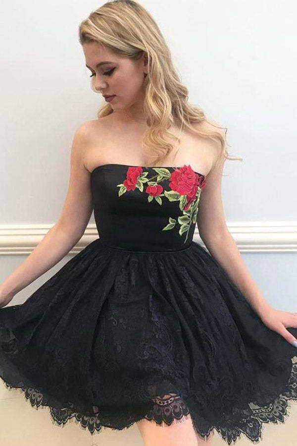Strapless Lace Homecoming Dress With Floral Embroidery
