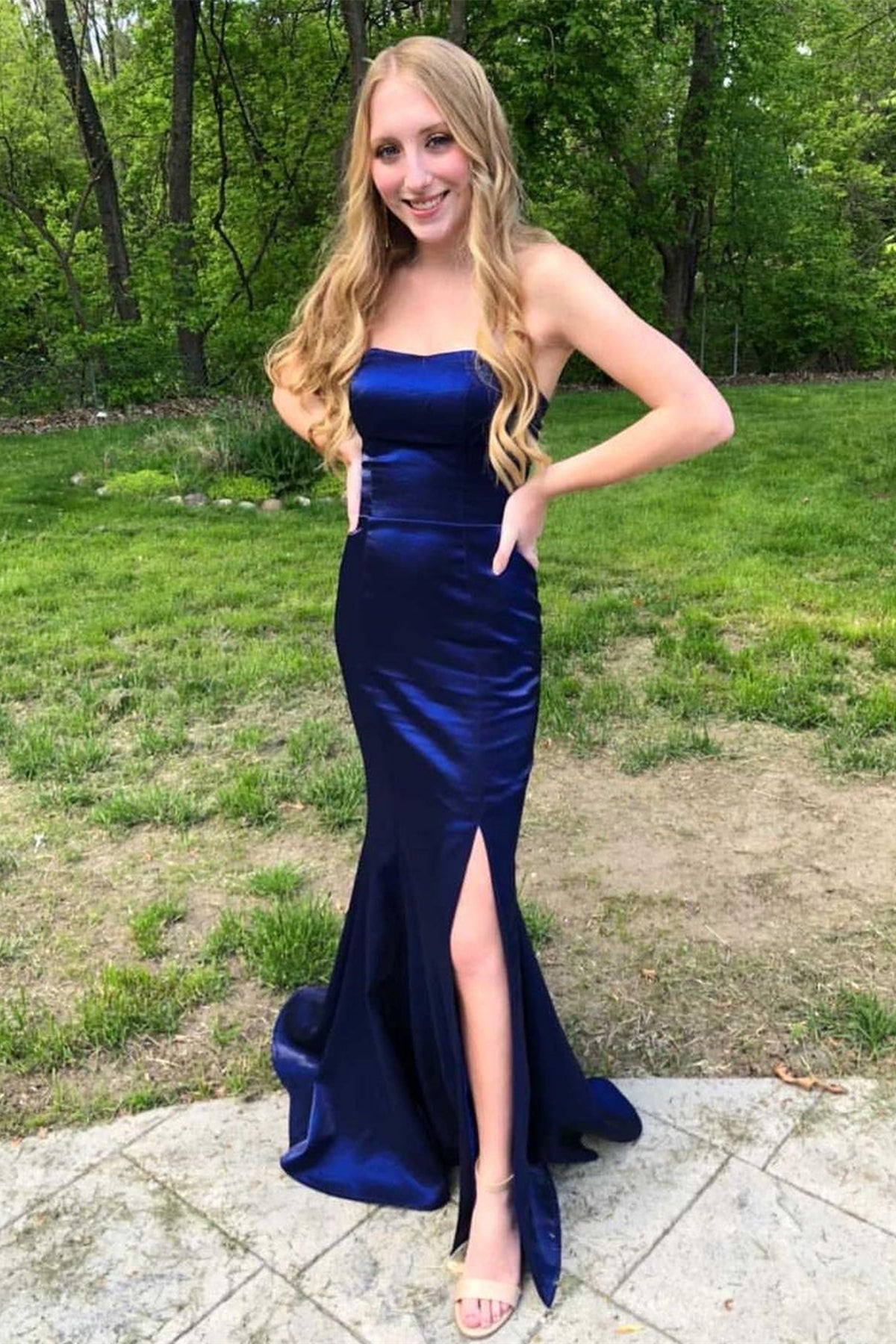 Strapless Mermaid Satin Long Prom Dress With Slit
