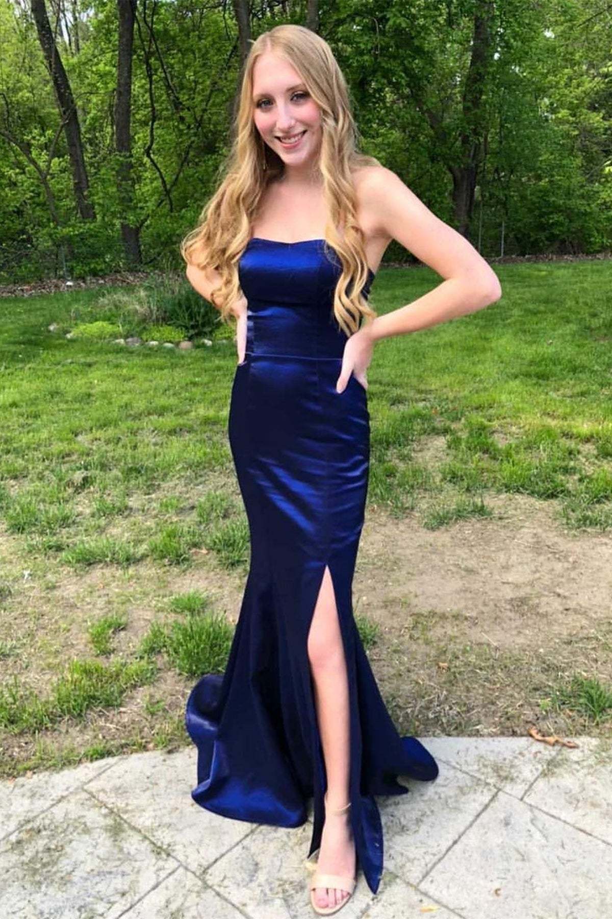 Strapless Mermaid Satin Long Prom Dress With Slit