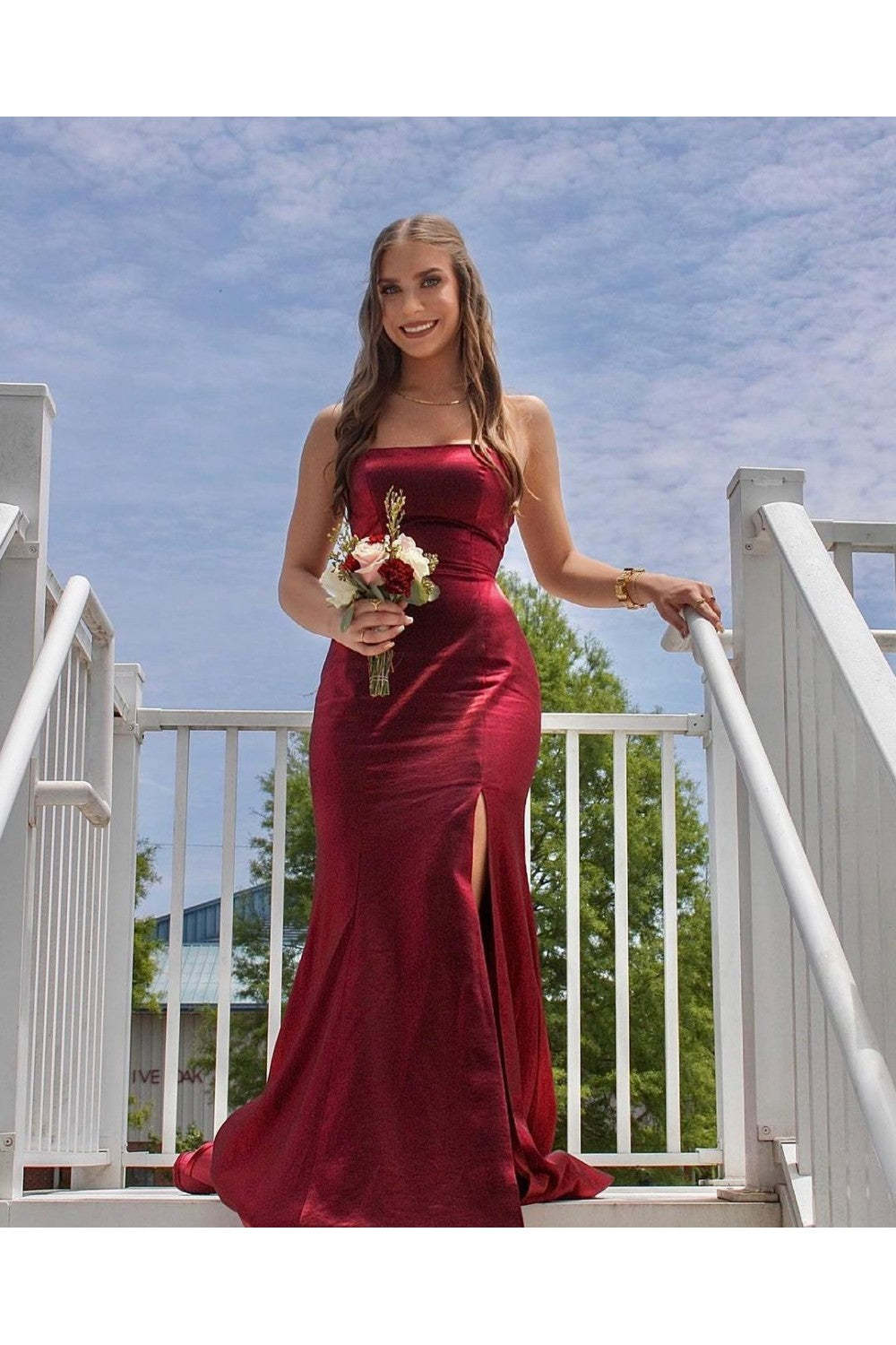 Strapless Mermaid Satin Long Prom Dress With Slit