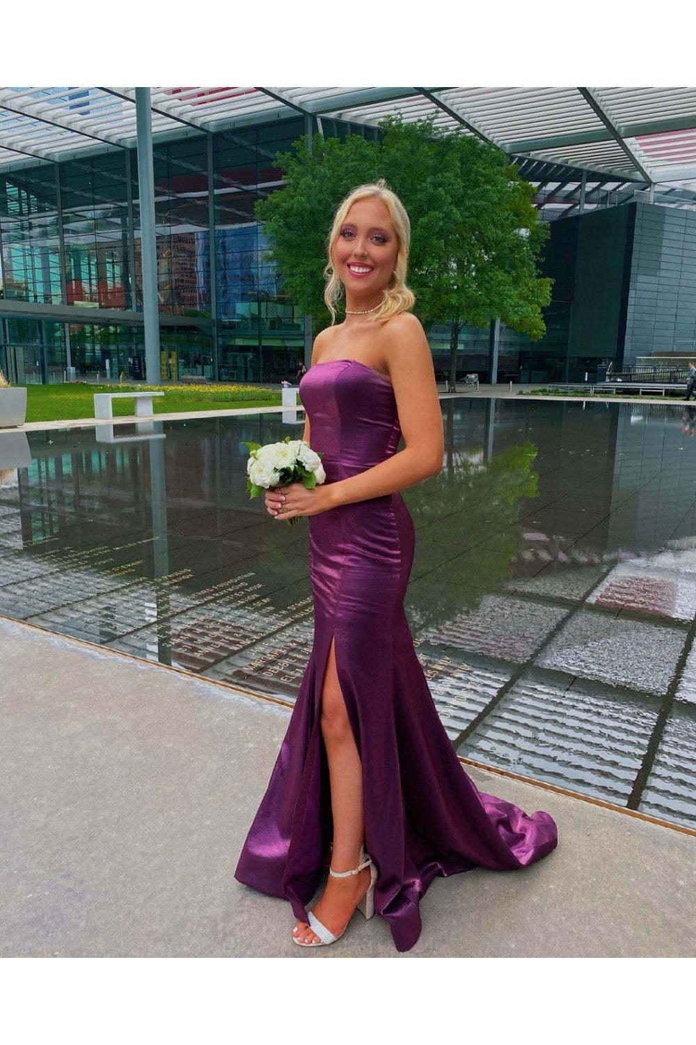 Strapless Mermaid Satin Long Prom Dress With Slit