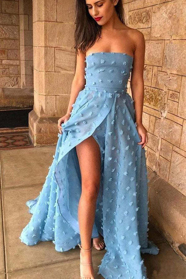 Strapless Sky Blue Lace Long Prom Dress Split Evening Dress