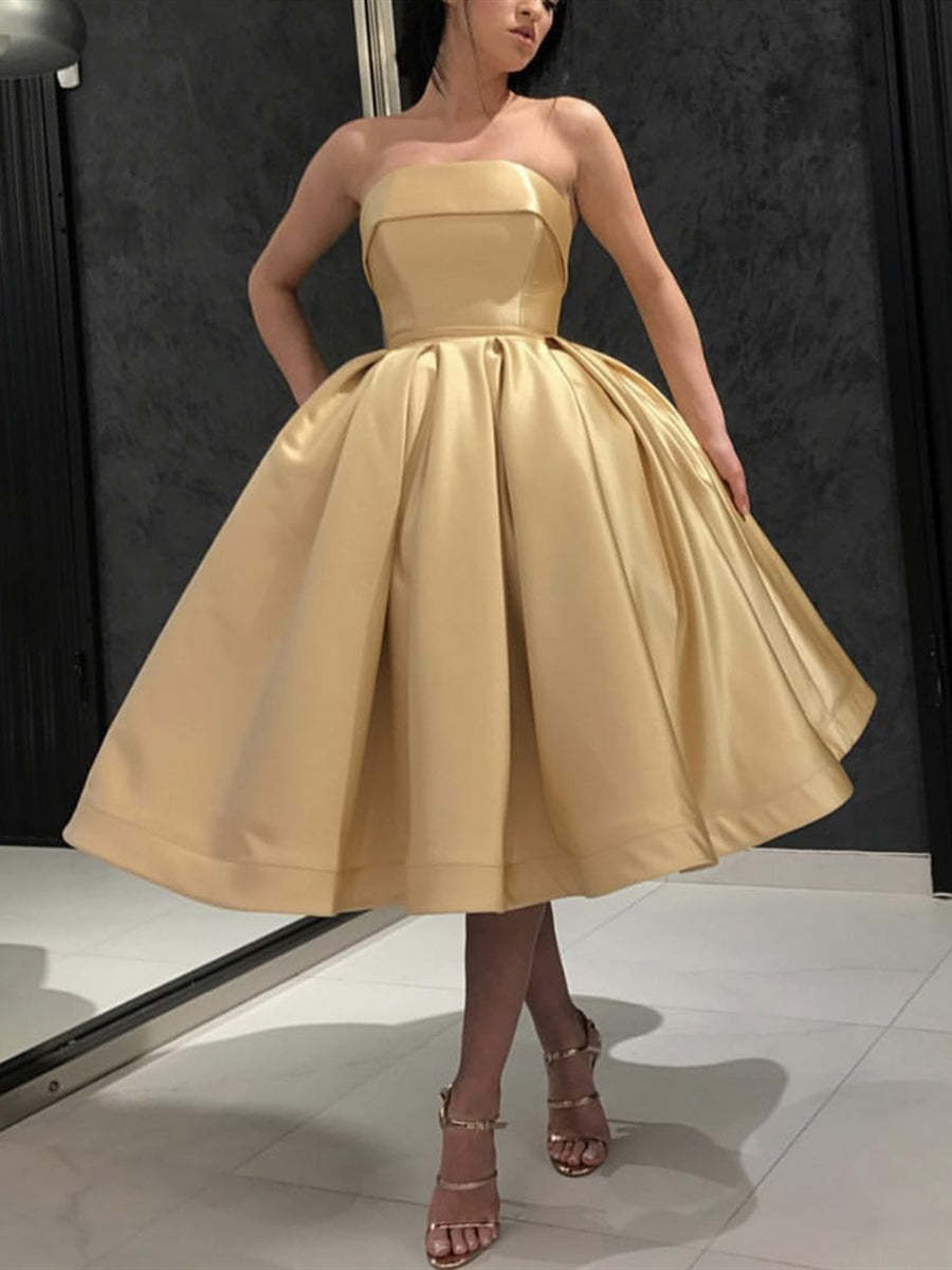 Strapless Tea Length Golden Prom Dresses, Strapless Golden Homecoming Dresses, Golden Cocktail Dresses, Golden Tea Length Formal Dresses
