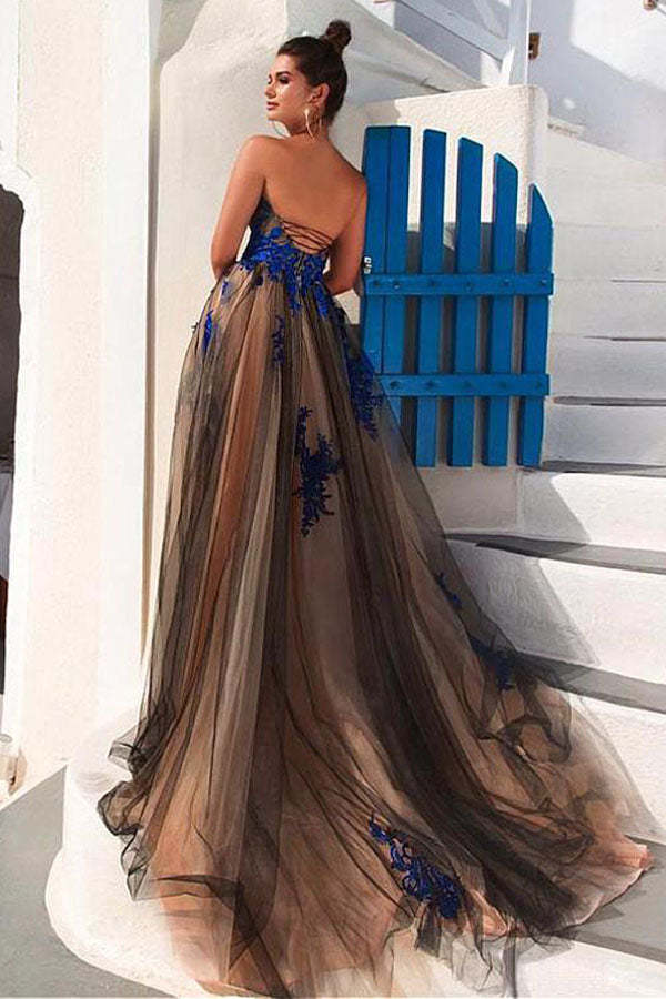 Strapless Tulle Prom Dress With Blue Lace Appliques
