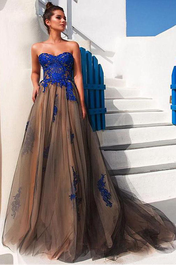 Strapless Tulle Prom Dress With Blue Lace Appliques