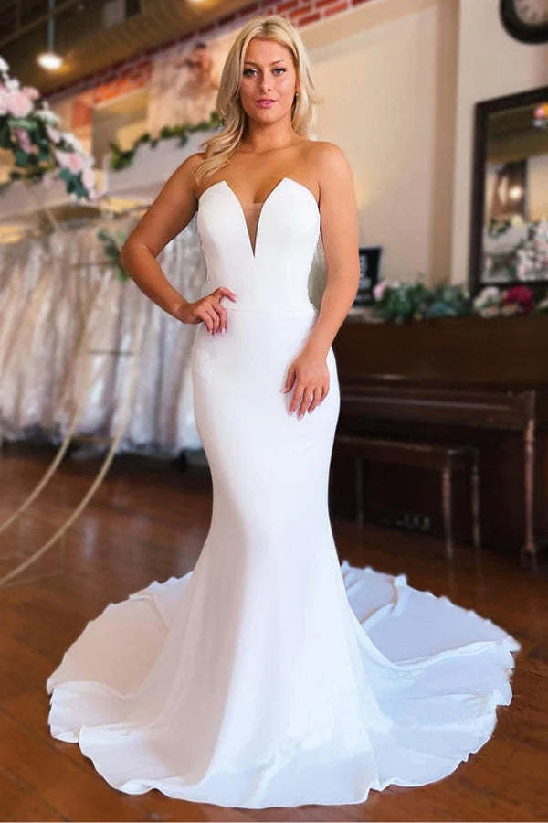 Strapless White Satin Mermaid Wedding Dress Simple Bridal Gown WW302