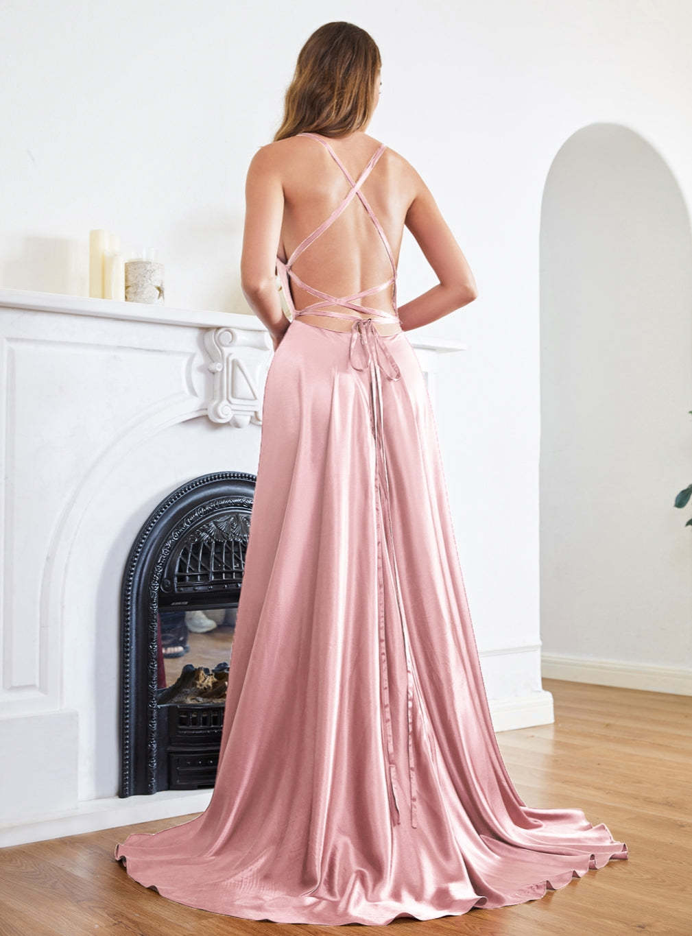 Stunning Spaghetti Straps Satin Floor Length Dress with Side Slit-27Prom