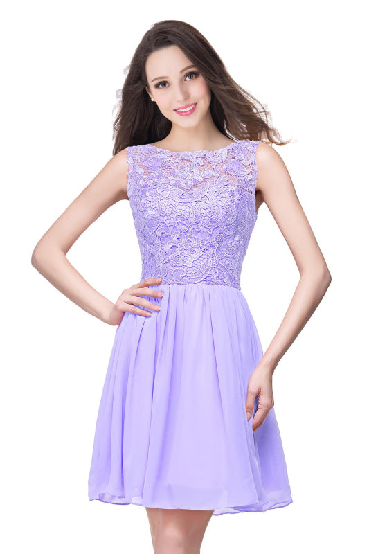 Stylish Scoop Neck Chiffon Short Homecoming Dress Sleeveless Floral Lace Mini Party Dress - Lilac / US 2 - Prom Dresses