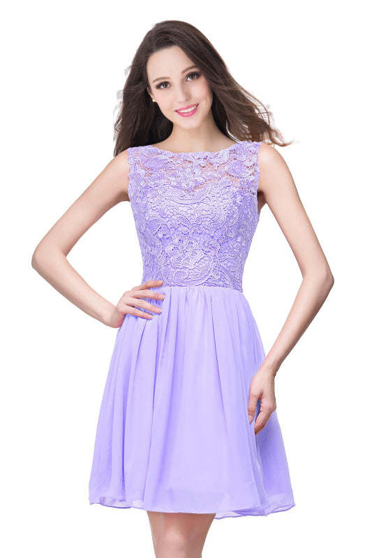 Stylish Scoop Neck Chiffon Short Homecoming Dress Sleeveless Floral Lace Mini Party Dress - Lilac / US 2 - Prom Dresses