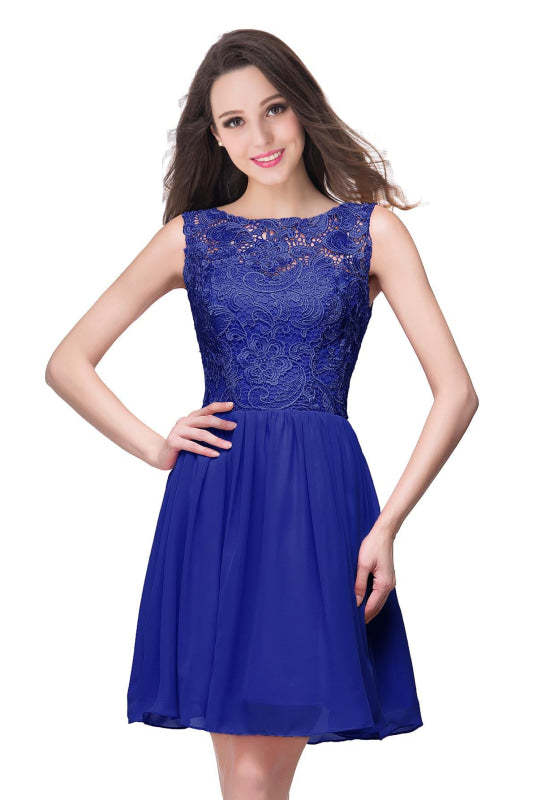 Stylish Scoop Neck Chiffon Short Homecoming Dress Sleeveless Floral Lace Mini Party Dress - Prom Dresses