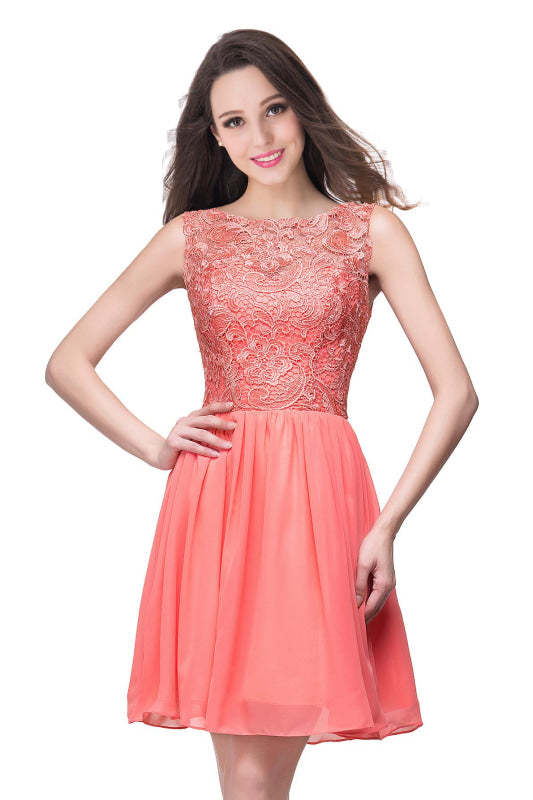 Stylish Scoop Neck Chiffon Short Homecoming Dress Sleeveless Floral Lace Mini Party Dress - Coral / US 2 - Prom Dresses