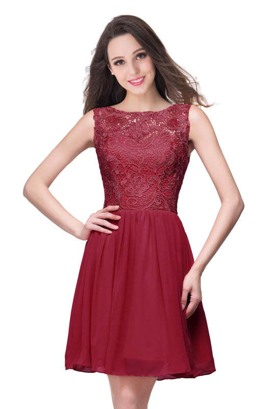 Stylish Scoop Neck Chiffon Short Homecoming Dress Sleeveless Floral Lace Mini Party Dress - Burgundy / US 2 - Prom Dresses