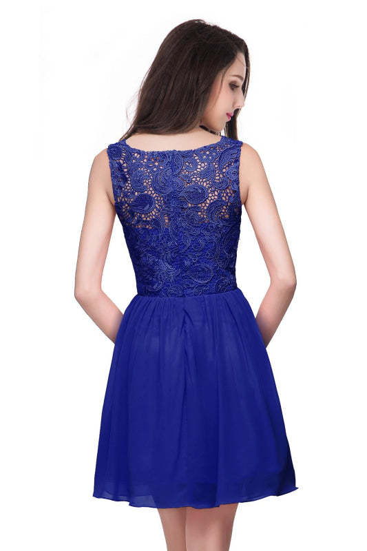 Stylish Scoop Neck Chiffon Short Homecoming Dress Sleeveless Floral Lace Mini Party Dress - Prom Dresses