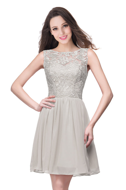 Stylish Scoop Neck Chiffon Short Homecoming Dress Sleeveless Floral Lace Mini Party Dress - Silver / US 2 - Prom Dresses
