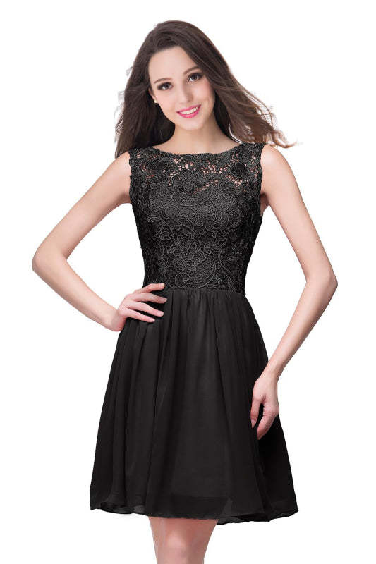 Stylish Scoop Neck Chiffon Short Homecoming Dress Sleeveless Floral Lace Mini Party Dress - Black / US 2 - Prom Dresses