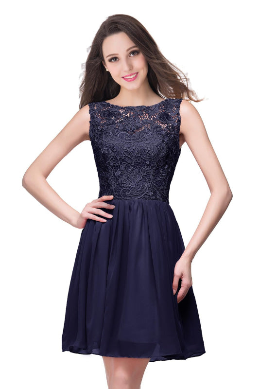 Stylish Scoop Neck Chiffon Short Homecoming Dress Sleeveless Floral Lace Mini Party Dress - Dark Navy / US 2 - Prom Dresses