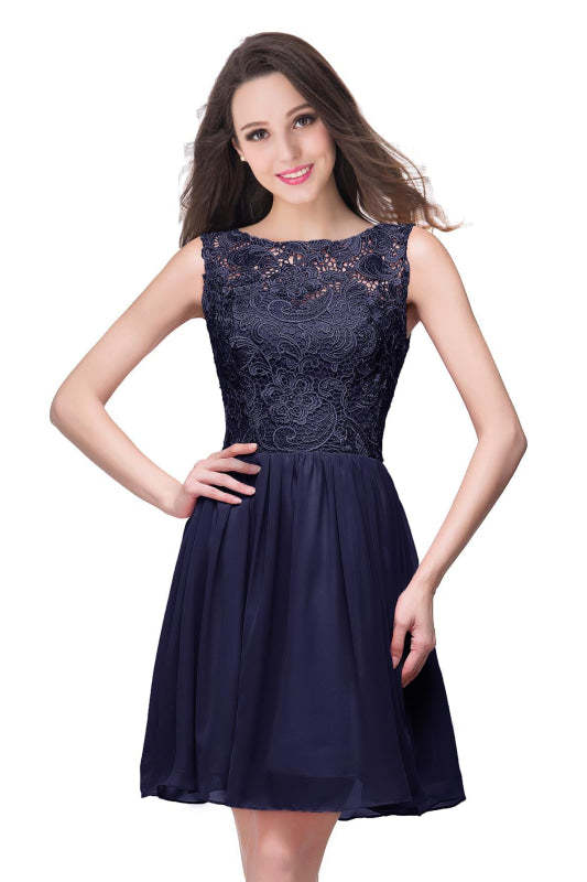 Stylish Scoop Neck Chiffon Short Homecoming Dress Sleeveless Floral Lace Mini Party Dress - Dark Navy / US 2 - Prom Dresses