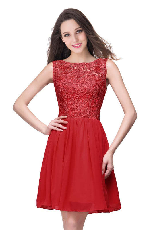Stylish Scoop Neck Chiffon Short Homecoming Dress Sleeveless Floral Lace Mini Party Dress - Red / US 2 - Prom Dresses