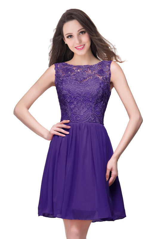 Stylish Scoop Neck Chiffon Short Homecoming Dress Sleeveless Floral Lace Mini Party Dress - Regency / US 2 - Prom Dresses