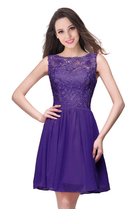 Stylish Scoop Neck Chiffon Short Homecoming Dress Sleeveless Floral Lace Mini Party Dress - Regency / US 2 - Prom Dresses