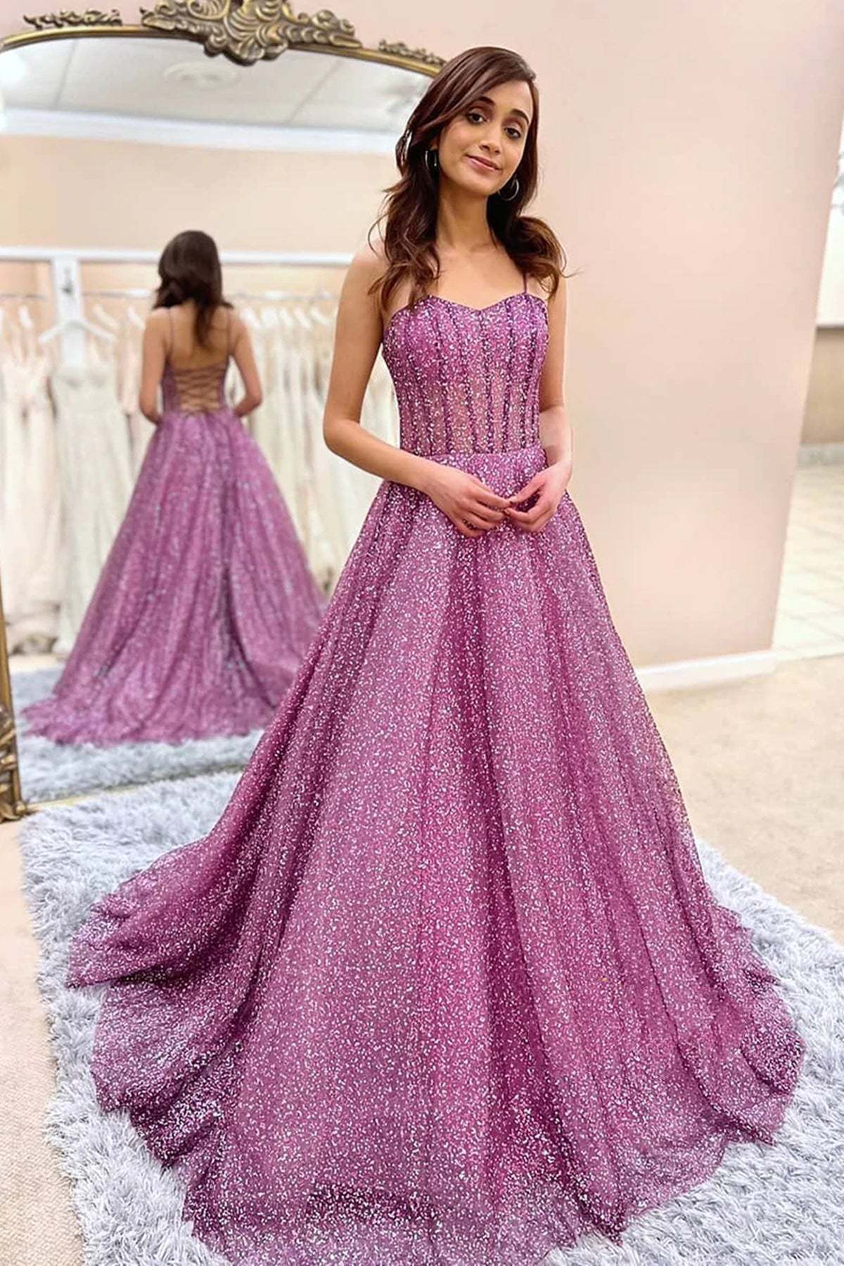 Sweetheart Neck Open Back Purple Tulle Long Prom Dresses, y Purple Formal Evening Dresses