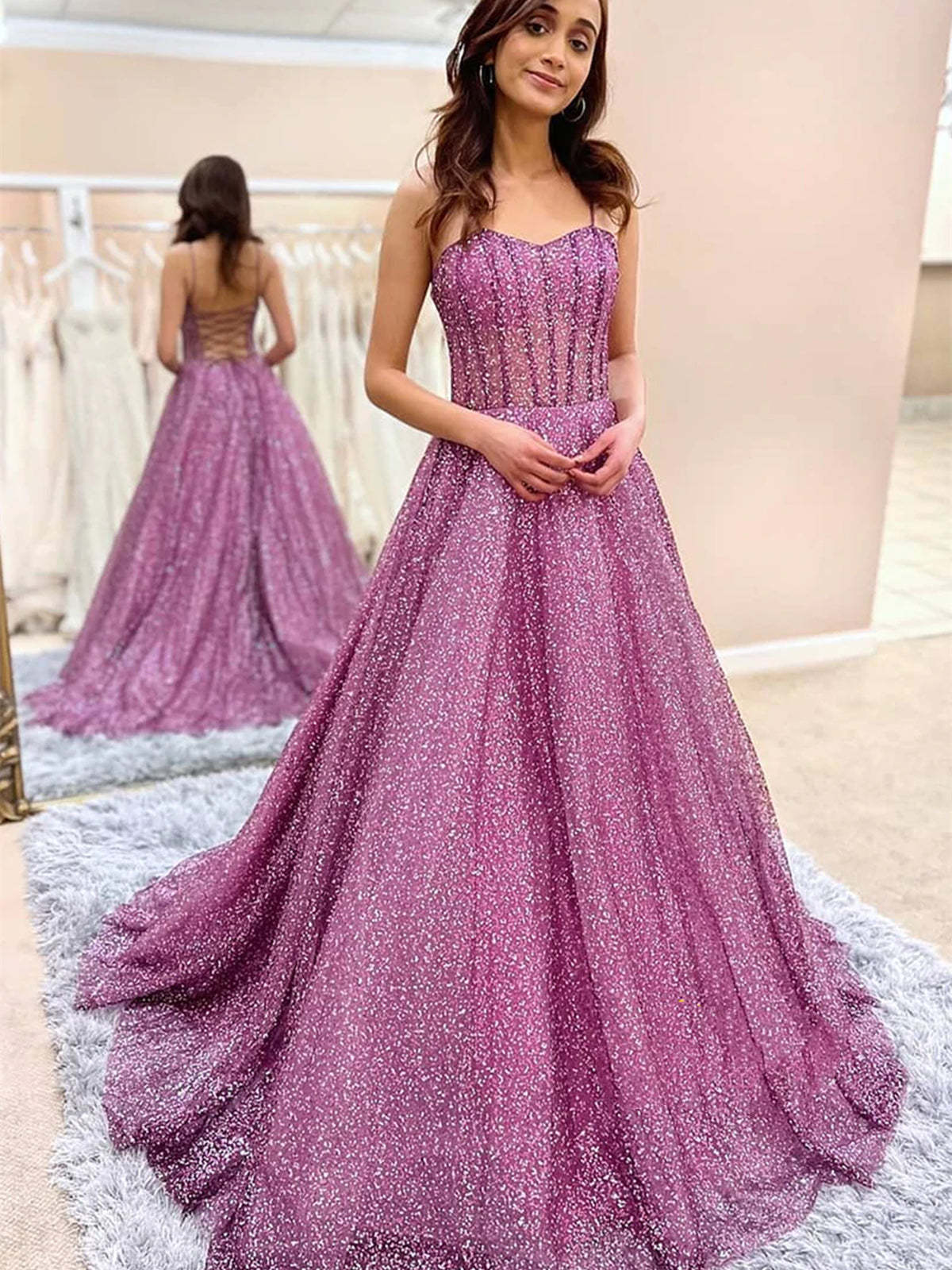 Sweetheart Neck Open Back Purple Tulle Long Prom Dresses, y Purple Formal Evening Dresses