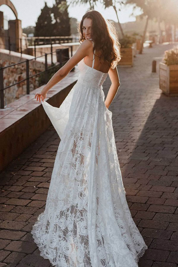 Sweetheart Rose Lace Boho Wedding Dress With Slit